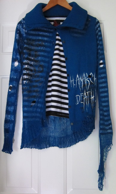 h.NAOTO Anarchy Blue Deconstructed Sweater w Black White Stripe