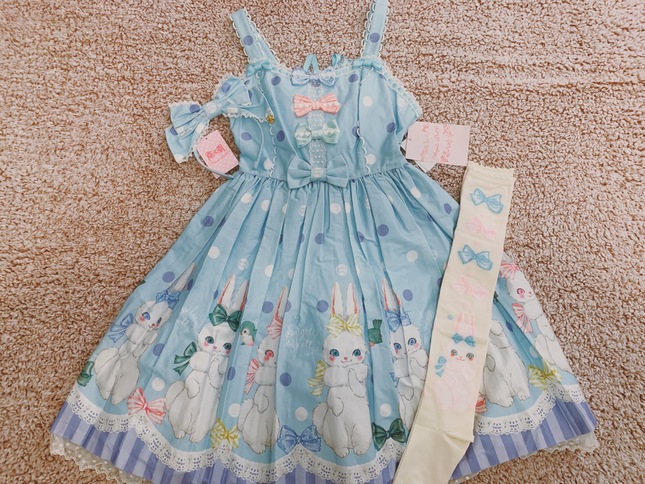 Angelic Pretty Marshmallow Bunny Ribbon JSK Full Set in Sax