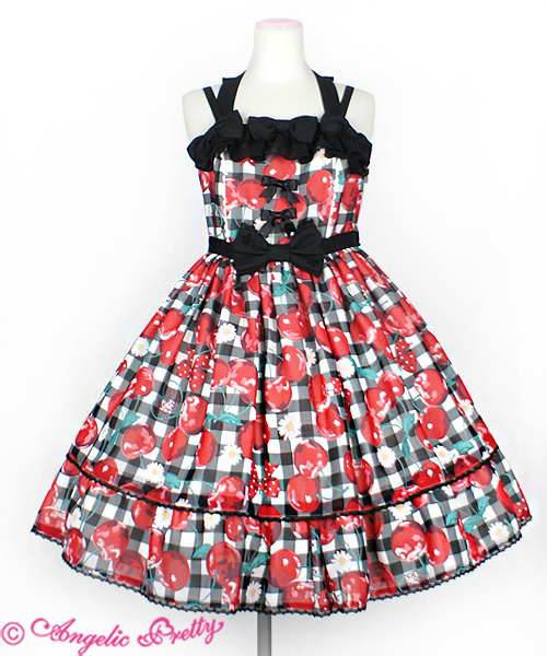 Angelic Pretty Fresh Cherry JSK in Black - Jumperskirt - Lace