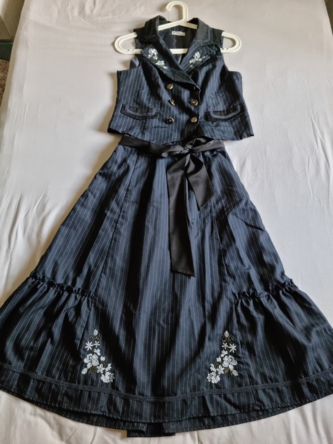 Axes Femme Pin-Striped Dark Blue Embroidered Vest & Skirt