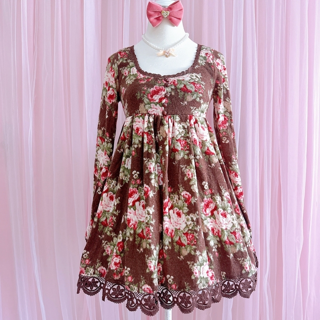 Japan brand Liz Lisa floral vintage long sleeves brown dress with 3 bow