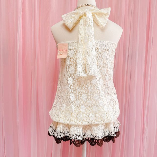 LIZLISA ベロア　チューブトップ　ホルターネック　花柄　レース　セクシー LoveRich ラブリッチ 花柄刺繍 ホルターネック レースアップ