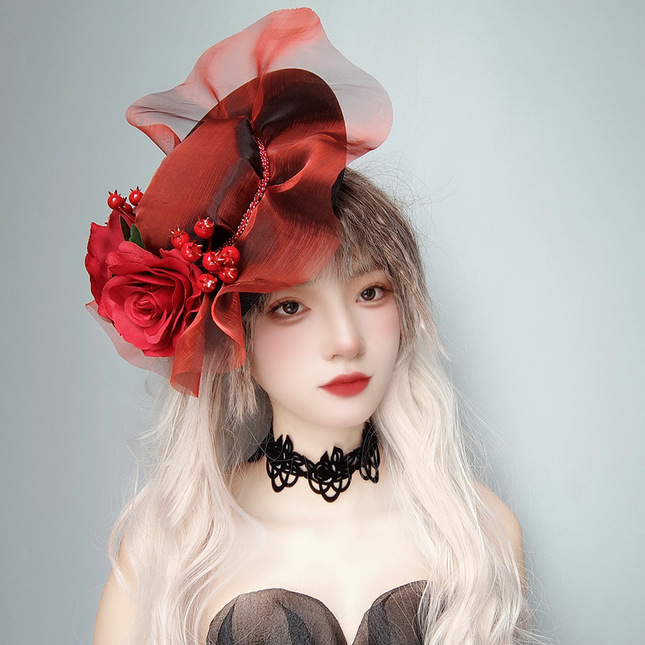 Red Rose lace flat top hat Hair Accessories Lace Market Lolita