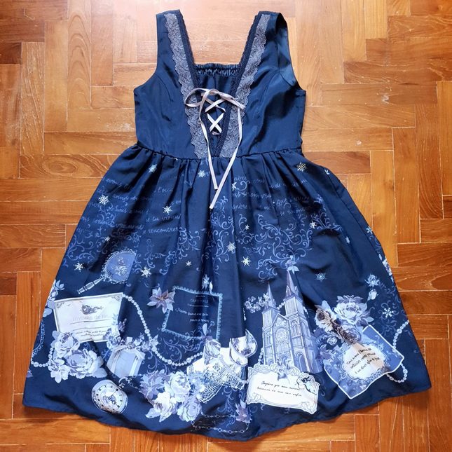 Axes Femme Navy Blue Message Card JSK Dresses Lace Market Lolita