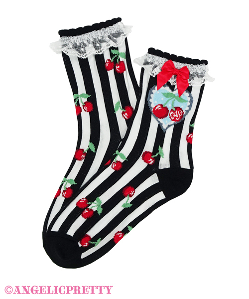 Angelic Pretty Cherry Stamp JSK, Headbow, and Socks Set in Black x