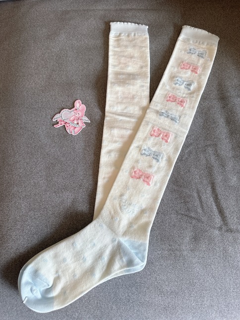 NWT Roji Roji Sweet Lolita Polka Dot Bow OTK Socks Pink X Sax Socks nwt-roji-roji-sweet-lolita-polka-dot-bow-otk-socks-pink-x-sax-socks