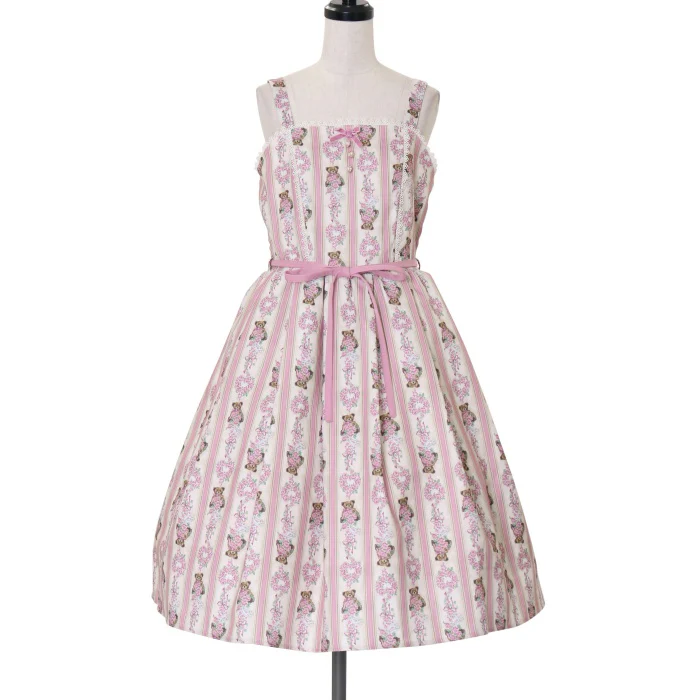 axes femme kawaii Rosy Bear柄ジャンスカ axes femme kawaii Rosy Bear柄ジャンスカ 生成り