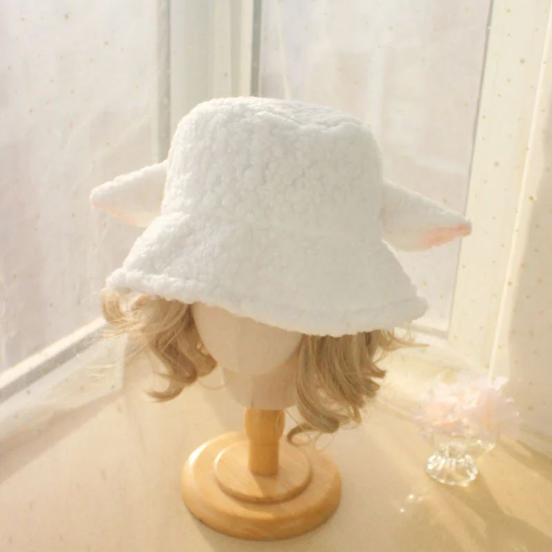 thumbnail image 2 of Women Sherpa Fleeced Cute Sheep Ear Bucket Hat Winter Thick Warm Lolita 2 of 9